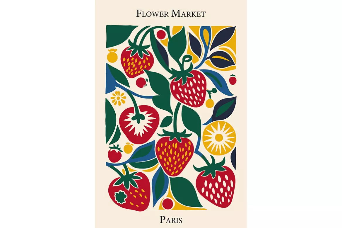 Affiche Fraise de Paris encadrée en situation dans une salle à manger
