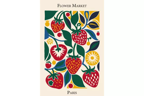 Affiche Fraise de Paris - motif fraises et fleurs sur fond beige