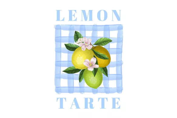 Affiche déco cuisine Citron Citronné - vue face, citrons et fleurs sur fond vichy bleu