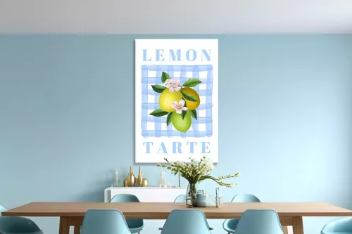 Tableau déco cuisine Citron Citronné - citrons jaunes sur fond à carreaux bleus