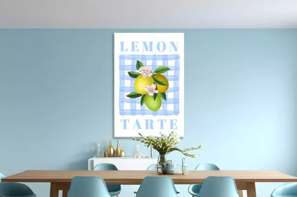 Tableau déco cuisine Citron Citronné - citrons jaunes sur fond à carreaux bleus