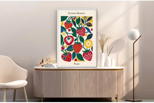 Affiche Fraise de Paris encadrée en situation dans une salle à manger