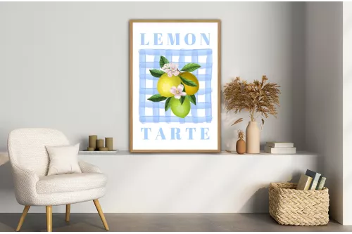 Tableau déco cuisine Citron Citronné - citrons jaunes sur fond à carreaux bleus