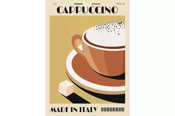 Tableau Cappuccino - affiche style italien rétro, tasse de café et teintes caramel