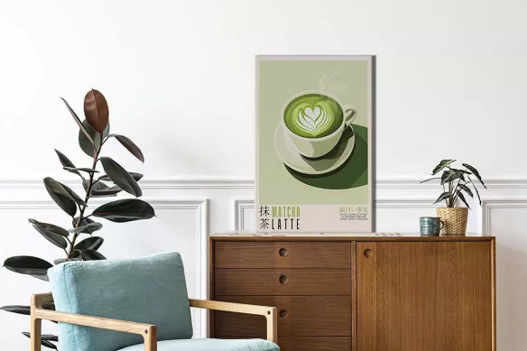 Affiche tendance Matcha - illustration zen tasse de matcha latte avec motif cœur, tons verts