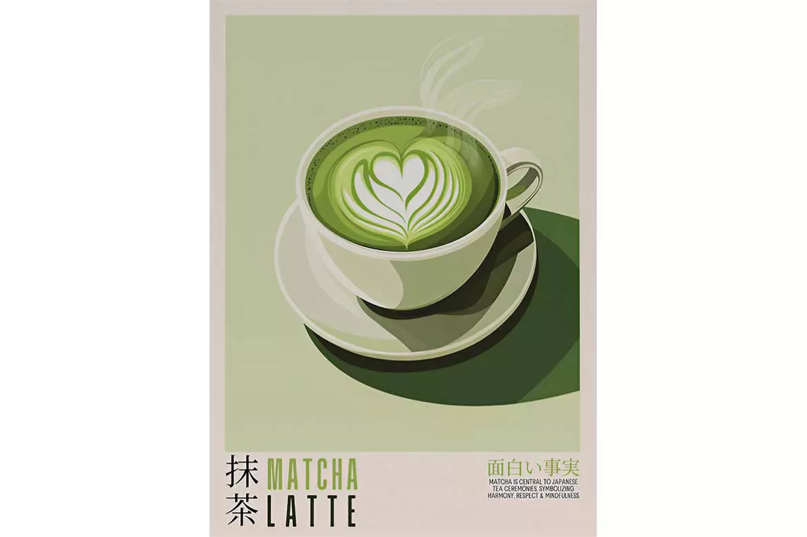 Affiche tendance Matcha - illustration zen tasse de matcha latte avec motif cœur, tons verts