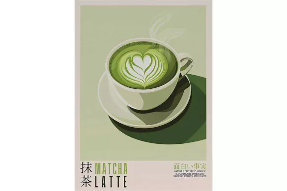 Tableau Matcha encadré - design graphique zen, tasse de matcha latte verte