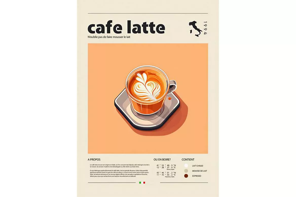 tableau vintage Café Latte - illustration minimaliste tasse de café, tons beige et orangé