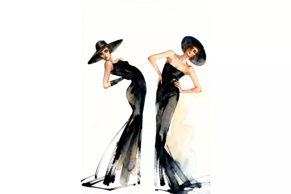 Visuel de l’affiche Dame jumelle : deux silhouettes de haute couture en noir et blanc
