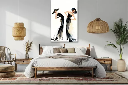 tableau mode Dame jumelle accrochée au-dessus d’un lit dans une chambre aux luminaires en rotin