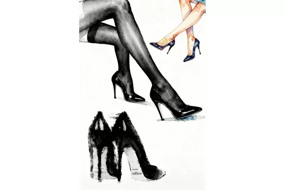 Visuel de l’affiche Escarpins noirs : croquis de jambes en bas résille et escarpins noirs