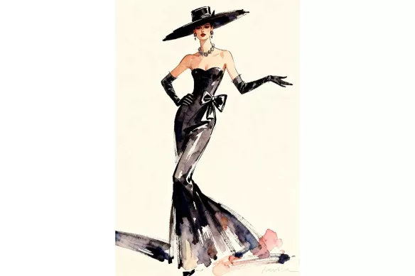 Visuel de l’affiche Défilé de mode : croquis d’une robe de haute couture et d’un chapeau