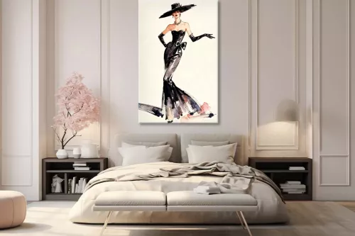 tableau défilé de mode accrochée au-dessus d’un lit dans une chambre aux boiseries claires
