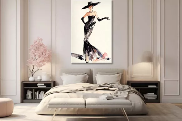 tableau défilé de mode accrochée au-dessus d’un lit dans une chambre aux boiseries claires