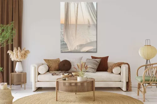 Visuel de l’affiche Voile sur mer : voilage léger face à l’horizon marin et voilier au loin painting_wood_frame_vertical