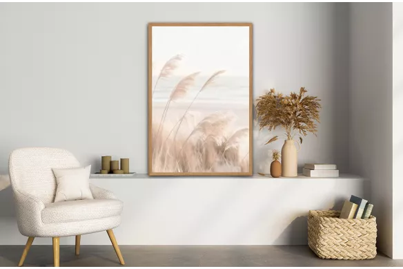 Visuel de l’affiche Plume de la terre : fines herbes beige et sable bercées par le vent painting_wood_frame_vertical