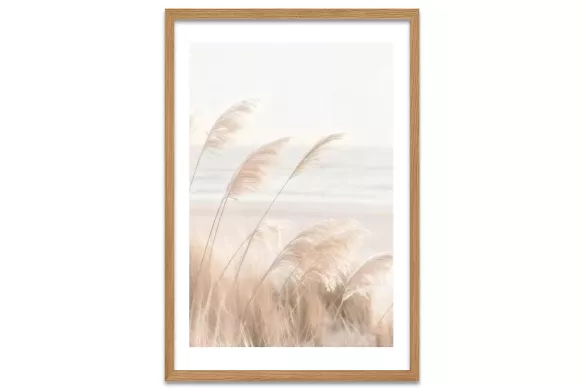 Visuel de l’affiche Plume de la terre : fines herbes beige et sable bercées par le vent cadre-chene-portrait-avec-bordure