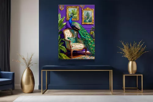 Visuel de l’affiche Monsieur Léon : paon sur un fauteuil vintage, fond violet et détails dorés painting_black_frame_vertical
