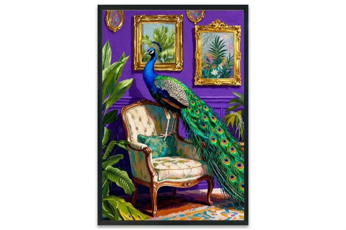 Visuel de l’affiche Monsieur Léon : paon sur un fauteuil vintage, fond violet et détails dorés painting_black_frame_vertical