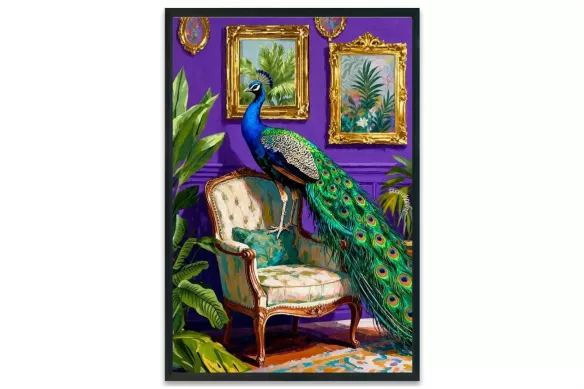 Visuel de l’affiche Monsieur Léon : paon sur un fauteuil vintage, fond violet et détails dorés cadre-noir-portrait