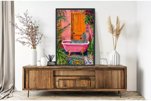 Visuel de l’affiche pop La baignoire : zèbre dans une baignoire rose, painting_black_frame_vertical
