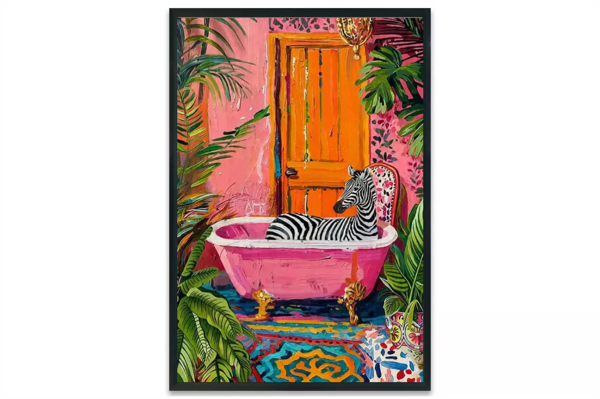 Visuel de l’affiche pop La baignoire : zèbre dans une baignoire rose, painting_black_frame_vertical
