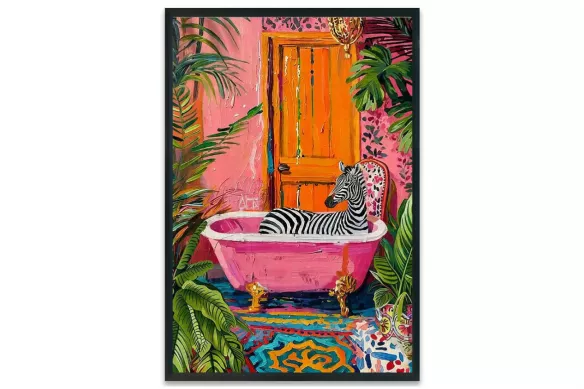 Visuel de l’affiche pop La baignoire : zèbre dans une baignoire rose, cadre-noir-portrait