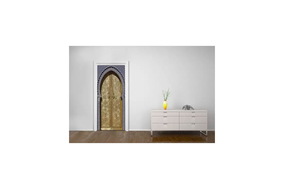 Sticker Porte Trompe-l'œil Style Oriental Bois - 204 X 93 Cm - Facile à Poser, Imperméable - Décoration Intérieure Originale