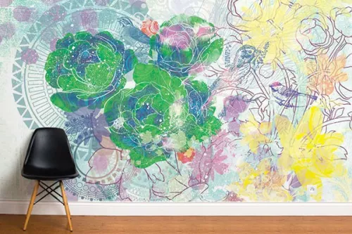 Papier peint fleurs expérimentales vert