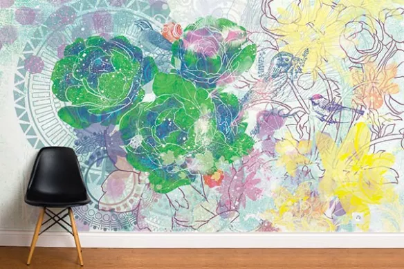 Papier peint fleurs expérimentales vert