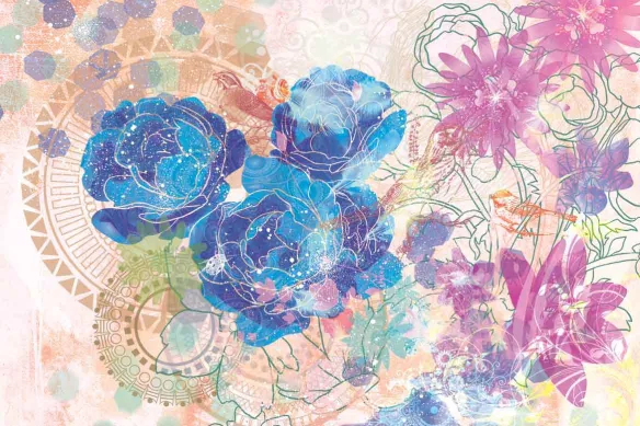 Papier peint textile fleurs expérimentales bleu