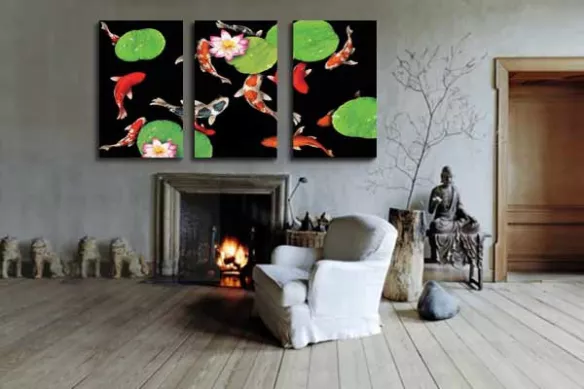 Tableau triptyque zen Poissons lotus