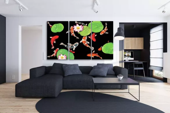 Tableau triptyque zen Poissons lotus