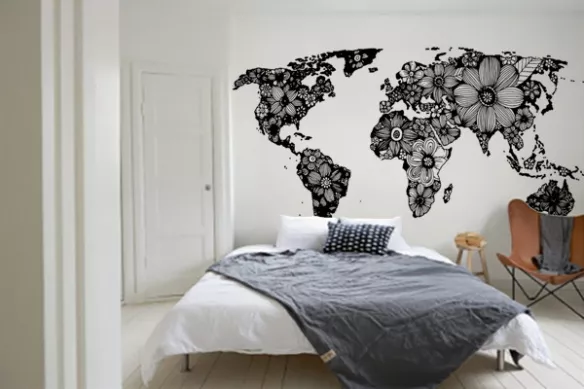 Papier peint carte du monde noir et blanc Fleurs