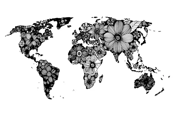 Papier peint carte du monde noir et blanc Fleurs