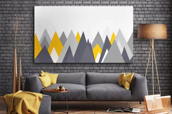Tableau scandinave montagnes grises et jaunes