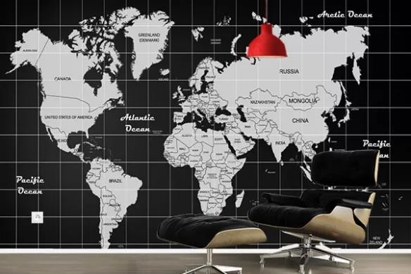 Papier peint carte du monde noir et blanc design