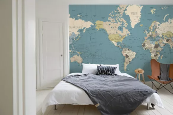 Papier peint carte du monde bleu vert gris