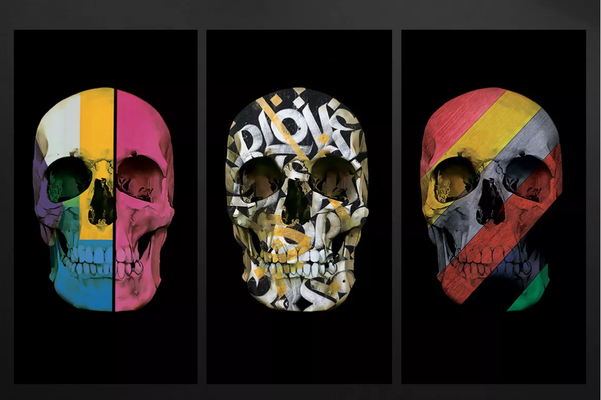 Triptyque Tête de mort multicolore