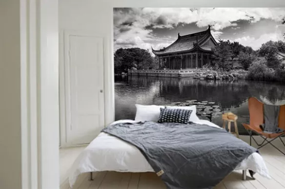 Papier peint panoramique noir et blanc Jardin Chinois