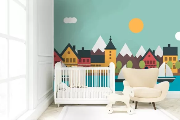 Papier peint chambre enfant Mon village en bord de mer