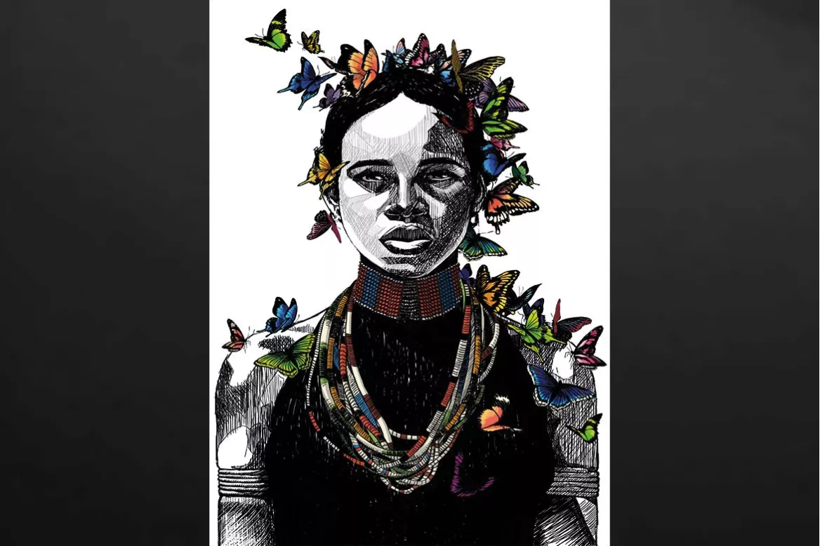 Tableau femme africaine papillons