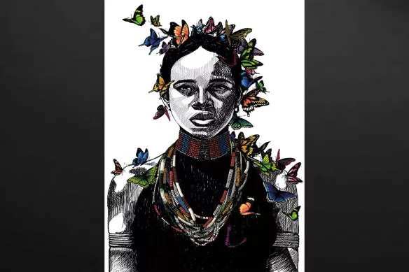 tableau-africain-femme-et-papillons