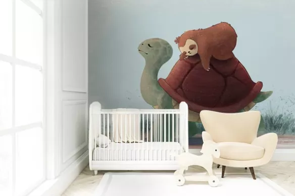 papier-peint-chambre-bébé-tortue-et-paresseux