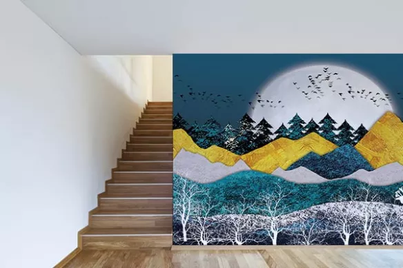 Papier peint panoramique paysage montagnes bleues et jaunes