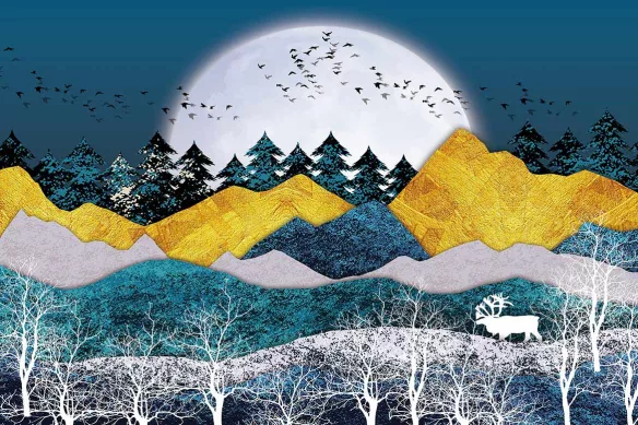 Papier peint panoramique paysage montagnes bleues et jaunes