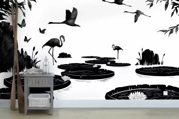 Papier peint noir et blanc Nénuphars et Flamants