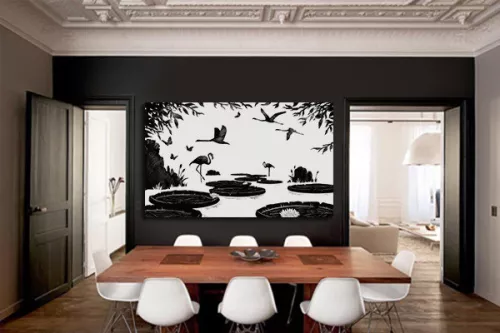 Tableau noir et blanc nénuphars et Flamants