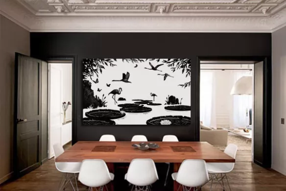Tableau noir et blanc nénuphars et Flamants