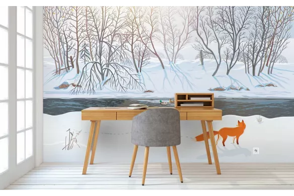 Papier peint forêt Renard et Rivière